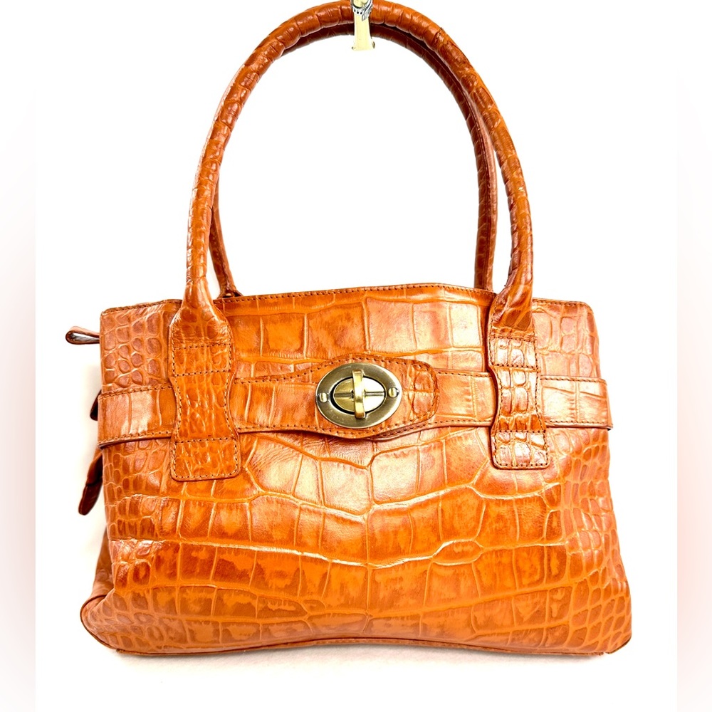 Michael Rome Orange Brown Croc Embossed Leather Medium Shoulder Bag Bronze Latch